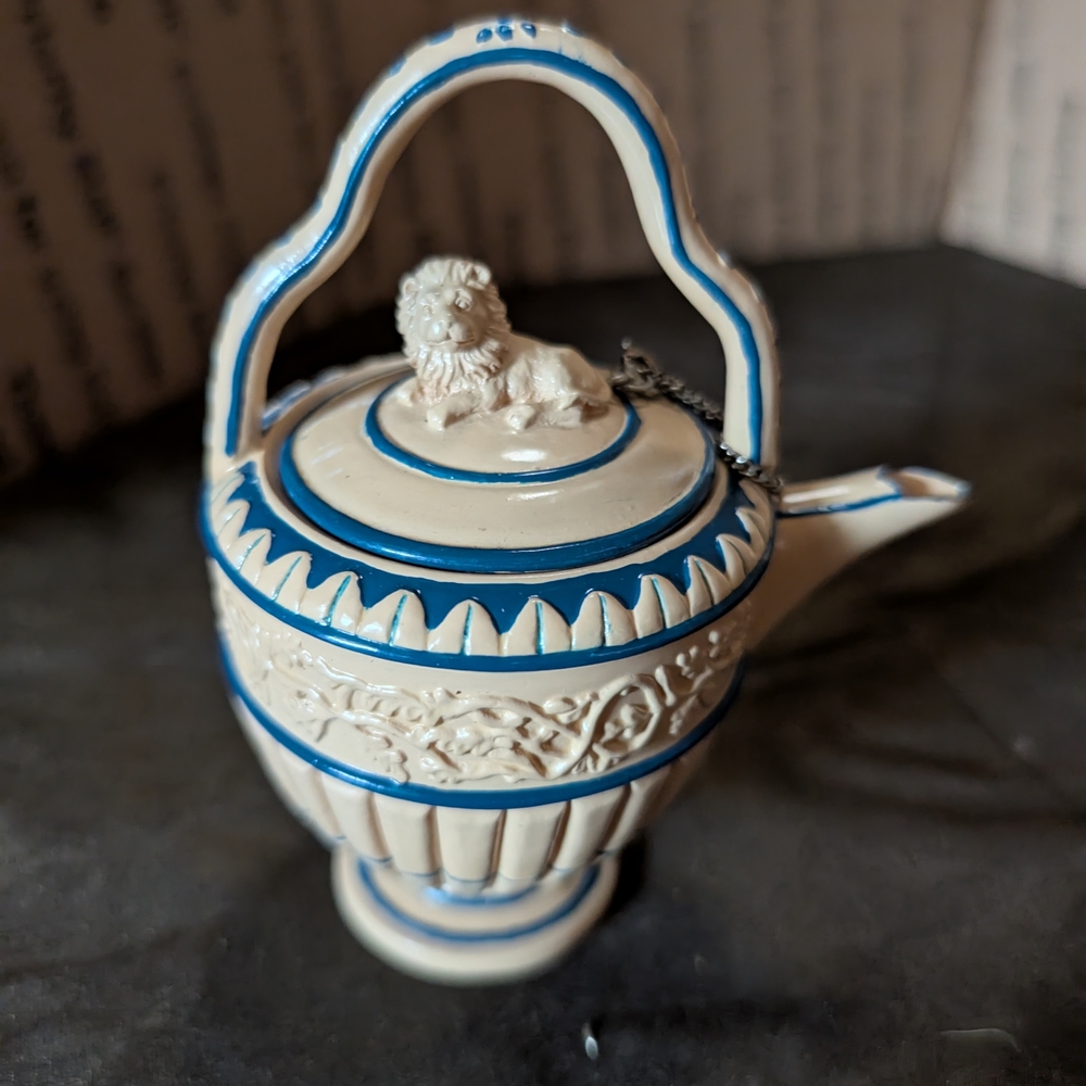 Cream and Blue Ceramic Decorative Teapot with Lion Finial